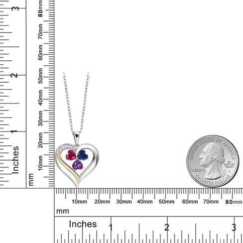 925 Silver and 10K Yellow Gold Customized and Personalized 3 Stone 5MM Heart Shape Gemstone Birthstone and White Lab Grown Diamond Name Engraved Pendant Necklace For Women with 18 inch Chain in Saudi Arabia