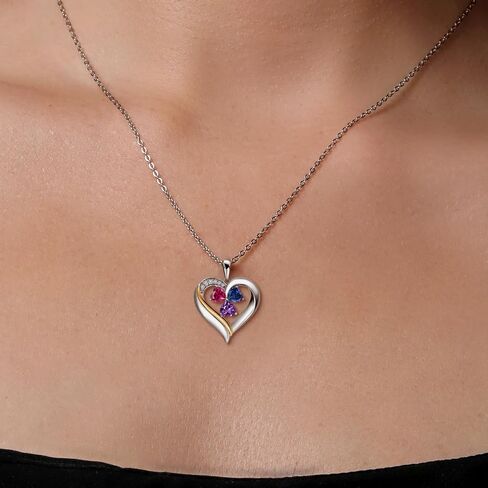 925 Silver and 10K Yellow Gold Customized and Personalized 3 Stone 5MM Heart Shape Gemstone Birthstone and White Lab Grown Diamond Name Engraved Pendant Necklace For Women with 18 inch Chain in Saudi Arabia