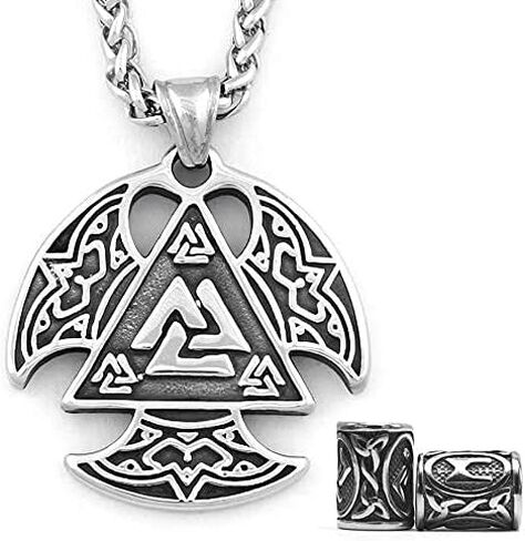 Gungneer Odin Valknut Pendant Necklace Norse Pagan Jewelry Stainless Steel Viking Jewelry Men, Viking Beard Beads Gift in Kuwait