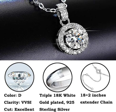قلادة Glamrce Moissanite Halo دائرية، مطلية بالذهب الأبيض عيار 18 قيراط، قطع مثالية D اللون VVSI، ألماس تم تصنيعه في المختبر مع شهادة وهدية معبأة (2 قيراط، دائرية هالة) in Kuwait