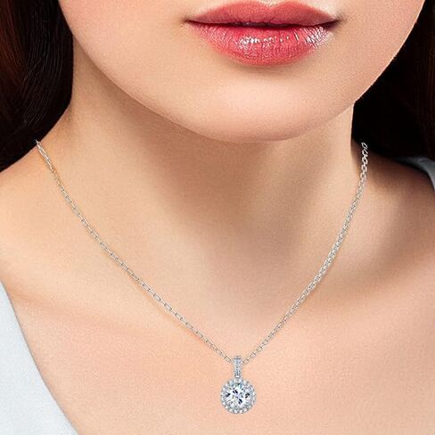 قلادة Glamrce Moissanite Halo دائرية، مطلية بالذهب الأبيض عيار 18 قيراط، قطع مثالية D اللون VVSI، ألماس تم تصنيعه في المختبر مع شهادة وهدية معبأة (2 قيراط، دائرية هالة) in Kuwait