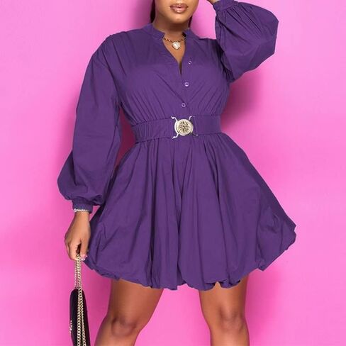 فستان Aladeno نسائي مثير بأزرار سفلية ورقبة على شكل حرف V وأكمام قصيرة وحاشية فقاعية مع حزام للحفلات الراقصة in Kuwait