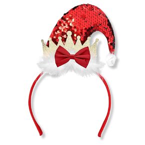 Needzo Red Sequin Santa Hat Headband with Gold Tone Glittery Crown, Christmas Themed Hair Accessories for Holiday Parties, Ugly Sweater Party Accessory for Girls, 9.5 Inches Tall, One Size Fits Most
