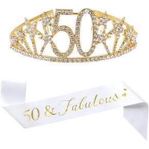 Happy 50th Birthday Tiara and Sash Gifts Crystal Rhinestone Princess Crown Birthday Queen Party Favor Supplies Gold Crowns White Sash