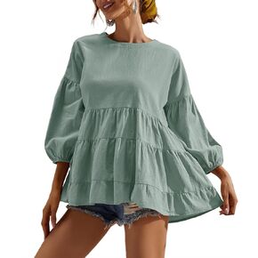 Women's Peplum Tops 3/4 Lantern Sleeve Crewneck Loose Babydoll Shirt Blouse in Saudi Arabia