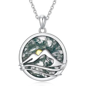 DONGHU Mountain Pendant Necklace 14K White Gold Plated Sterling Silver Abalone Shell/Moss Agate mountain range necklace circle mountain pendant necklace for Hikers, Climbers and Nature Lover in Kuwait