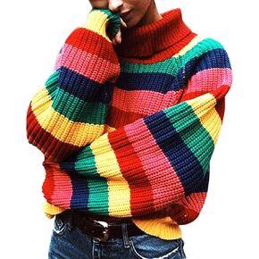 LALA IKAI Women Sweater Oversized Striped Knit Pullover Turtleneck Loose Cardigans Sweater Rainbow in Kuwait