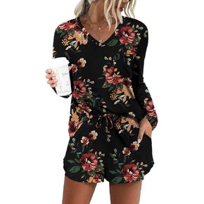 DB MOON Womens Long Sleeve Lounge Set 2 Piece Cute Short Pajamas Sets With Pockets Sleep Wear
