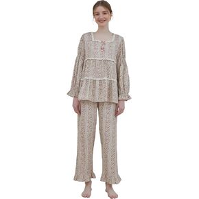 ULLALA Pajamas for Women Vintage Long sleeve 30'S Cotton Mazzle Two-Piece Cream Soft Sleepwear 2Piece one Size in Kuwait