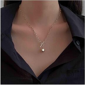 Geometric Gold Ball Pendant Necklace Short Paper Clip Necklace Punk Oval Link Chain Necklace Rectangle Chain Necklace Toggle Necklace Jewelry for Women and Girls (Gold)