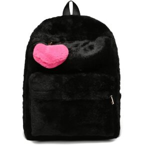 HOKMAH Cute Fuzzy Backpack for Girls, Aesthetic School Supplies Fuzzy Plush Backpack, Kawaii Furry Plush Backpack for Teens (Black)