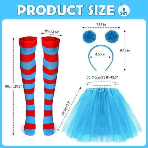 BAOPLAYKIDS 3 Piece Tulle Tutu Costume Set for Women Include Striped Knee Socks, 3 Layered Tulle Tutu Skirt, Pom Pom Headband in Kuwait