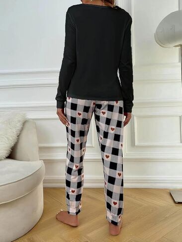 طقم بيجامات حريمي مكون من قطعتين من COZYEASE تي شيرت برسوم جرافيك وسراويل منقوشة مطبوعة على شكل قلب ملابس نوم ناعمة in Kuwait