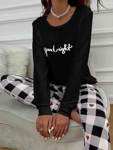 طقم بيجامات حريمي مكون من قطعتين من COZYEASE تي شيرت برسوم جرافيك وسراويل منقوشة مطبوعة على شكل قلب ملابس نوم ناعمة in Kuwait