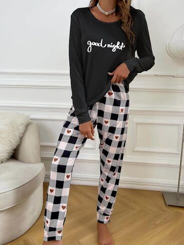 طقم بيجامات حريمي مكون من قطعتين من COZYEASE تي شيرت برسوم جرافيك وسراويل منقوشة مطبوعة على شكل قلب ملابس نوم ناعمة in Kuwait