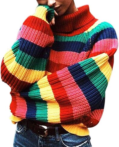 LALA IKAI Women Sweater Oversized Striped Knit Pullover Turtleneck Loose Cardigans Sweater Rainbow in Kuwait