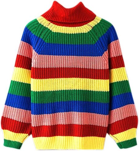 LALA IKAI Women Sweater Oversized Striped Knit Pullover Turtleneck Loose Cardigans Sweater Rainbow in Kuwait