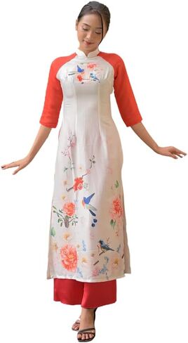 مجموعة CuteSass ذات الأكمام الحمراء من الزهور Ao Dai| الفيتنامية الحديثة المعدة مسبقًا آو داي| السنة القمرية الجديدة in Kuwait