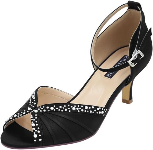 ERIJUNOR Women Comfort Low Heel Ankle Strap Rhinestones Pleat Satin Wedding Evening Dress Dance Shoes in Saudi Arabia