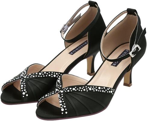 ERIJUNOR Women Comfort Low Heel Ankle Strap Rhinestones Pleat Satin Wedding Evening Dress Dance Shoes in Saudi Arabia