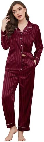 U2SKIIN Women Satin Pajamas Set, Long Sleeve Silk Pajamas for Women Striped Button Down 2-Piece Pj Set in Saudi Arabia