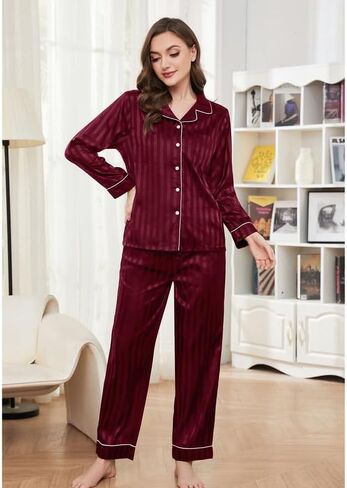 U2SKIIN Women Satin Pajamas Set, Long Sleeve Silk Pajamas for Women Striped Button Down 2-Piece Pj Set in Saudi Arabia