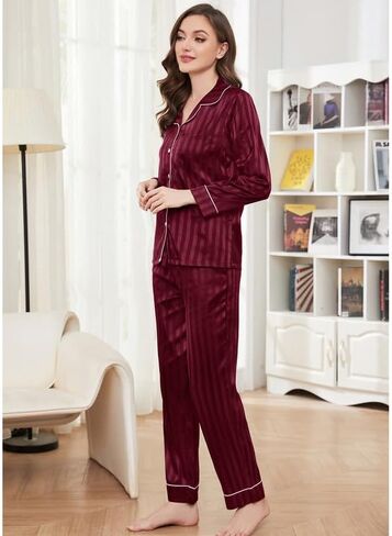 U2SKIIN Women Satin Pajamas Set, Long Sleeve Silk Pajamas for Women Striped Button Down 2-Piece Pj Set in Saudi Arabia