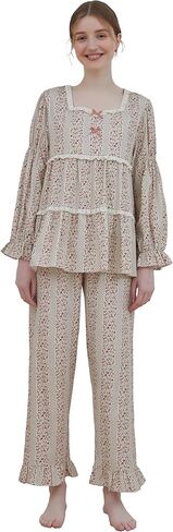 ULLALA Pajamas for Women Vintage Long sleeve 30'S Cotton Mazzle Two-Piece Cream Soft Sleepwear 2Piece one Size in Kuwait