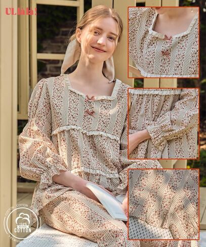 ULLALA Pajamas for Women Vintage Long sleeve 30'S Cotton Mazzle Two-Piece Cream Soft Sleepwear 2Piece one Size in Kuwait