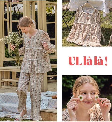 ULLALA Pajamas for Women Vintage Long sleeve 30'S Cotton Mazzle Two-Piece Cream Soft Sleepwear 2Piece one Size in Kuwait