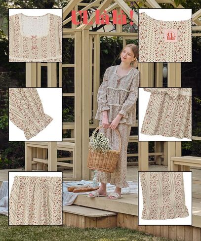 ULLALA Pajamas for Women Vintage Long sleeve 30'S Cotton Mazzle Two-Piece Cream Soft Sleepwear 2Piece one Size in Kuwait