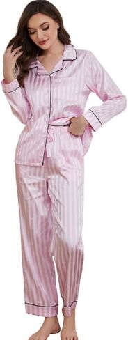 U2SKIIN Women Satin Pajamas Set, Long Sleeve Silk Pajamas for Women Striped Button Down 2-Piece Pj Set in Saudi Arabia