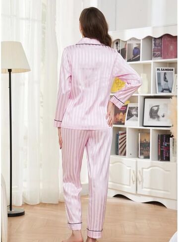 U2SKIIN Women Satin Pajamas Set, Long Sleeve Silk Pajamas for Women Striped Button Down 2-Piece Pj Set in Saudi Arabia