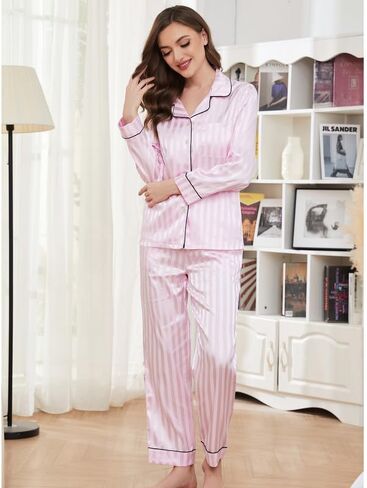 U2SKIIN Women Satin Pajamas Set, Long Sleeve Silk Pajamas for Women Striped Button Down 2-Piece Pj Set in Saudi Arabia