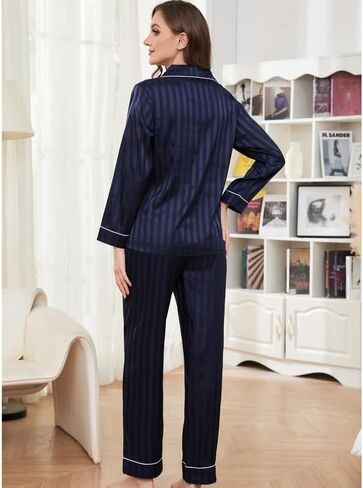 U2SKIIN Women Satin Pajamas Set, Long Sleeve Silk Pajamas for Women Striped Button Down 2-Piece Pj Set in Saudi Arabia
