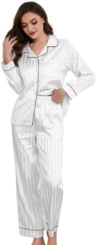 U2SKIIN Women Satin Pajamas Set, Long Sleeve Silk Pajamas for Women Striped Button Down 2-Piece Pj Set in Kuwait