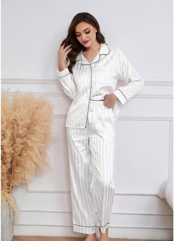 U2SKIIN Women Satin Pajamas Set, Long Sleeve Silk Pajamas for Women Striped Button Down 2-Piece Pj Set in Kuwait