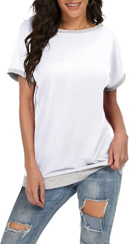 JINKESI Women's Casual Summer Short Sleeve Tunic Tops Color Block Round Neck Blouses T Shirts in Kuwait