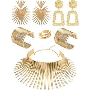 SONNYX 8 قطع الأفريقية طوق المختنق قلادة أقراط الذهب الإسورة مجموعة للنساء الذهب بيان شكل الأسنان القبلية الأفريقية الوطنية الأزياء والمجوهرات اكسسوارات لموضوع حزب الهالوين in Kuwait