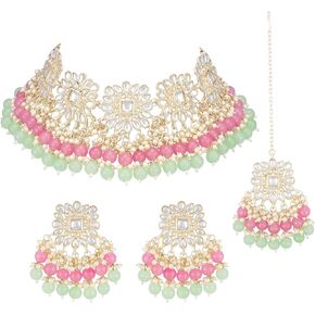 Nukh Ethnic Wear Kundan Studded Indian Necklace Set, Wedding Festive Wear Kundan Jewelry Set, Bollywood Style Fashion Jewelry Set for Women, Girl in Saudi Arabia