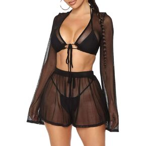 المرأة 2 قطعة شبكة شير طويلة الأكمام المحاصيل القمم + شورت السباحة التستر ملابس السباحة الشاطئ ثوب السباحة in Kuwait