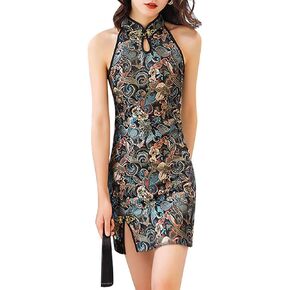 Women's Sleeveless Cheongsam Mini Dress Chinese Traditional Print Halter Neck Side Slit QipaoDress in Kuwait