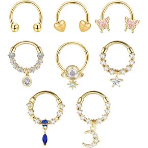 Dochais 8 قطع خواتم الحاجز 16 جرام مجوهرات الحاجز الفولاذ المقاوم للصدأ الحاجز الأنف خواتم فراشة تشيكوسلوفاكيا القلب الحاجز الدائري استرخى Daith اللولب الغضروف ثقب الأنف الثقب المجوهرات in Kuwait