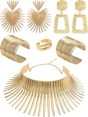 SONNYX 8 قطع الأفريقية طوق المختنق قلادة أقراط الذهب الإسورة مجموعة للنساء الذهب بيان شكل الأسنان القبلية الأفريقية الوطنية الأزياء والمجوهرات اكسسوارات لموضوع حزب الهالوين in Kuwait