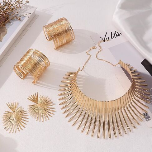 SONNYX 8 قطع الأفريقية طوق المختنق قلادة أقراط الذهب الإسورة مجموعة للنساء الذهب بيان شكل الأسنان القبلية الأفريقية الوطنية الأزياء والمجوهرات اكسسوارات لموضوع حزب الهالوين in Kuwait