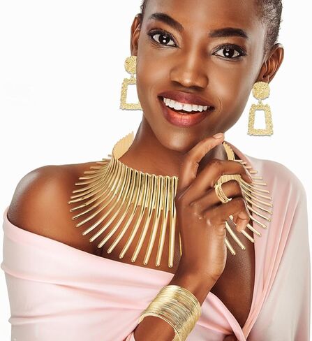 SONNYX 8 قطع الأفريقية طوق المختنق قلادة أقراط الذهب الإسورة مجموعة للنساء الذهب بيان شكل الأسنان القبلية الأفريقية الوطنية الأزياء والمجوهرات اكسسوارات لموضوع حزب الهالوين in Kuwait