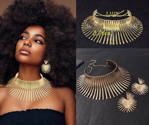 SONNYX 8 قطع الأفريقية طوق المختنق قلادة أقراط الذهب الإسورة مجموعة للنساء الذهب بيان شكل الأسنان القبلية الأفريقية الوطنية الأزياء والمجوهرات اكسسوارات لموضوع حزب الهالوين in Kuwait