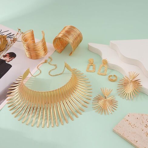 SONNYX 8 قطع الأفريقية طوق المختنق قلادة أقراط الذهب الإسورة مجموعة للنساء الذهب بيان شكل الأسنان القبلية الأفريقية الوطنية الأزياء والمجوهرات اكسسوارات لموضوع حزب الهالوين in Kuwait