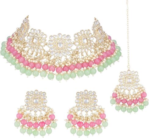 Nukh Ethnic Wear Kundan Studded Indian Necklace Set, Wedding Festive Wear Kundan Jewelry Set, Bollywood Style Fashion Jewelry Set for Women, Girl in Saudi Arabia