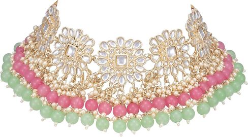 Nukh Ethnic Wear Kundan Studded Indian Necklace Set, Wedding Festive Wear Kundan Jewelry Set, Bollywood Style Fashion Jewelry Set for Women, Girl in Saudi Arabia